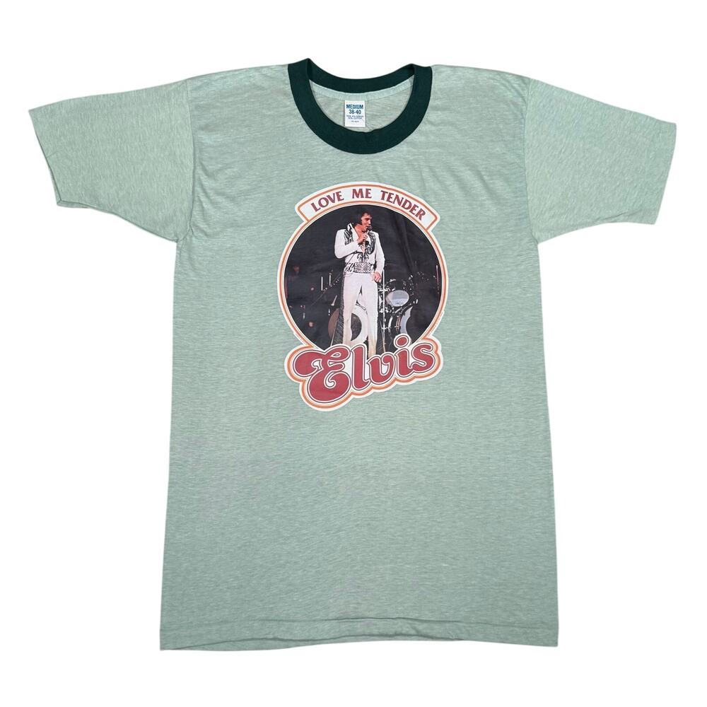 Vintage Elvis Love Me Tender 1977 T Shirt Ringer Green Poly Cotton Fits XS NWT